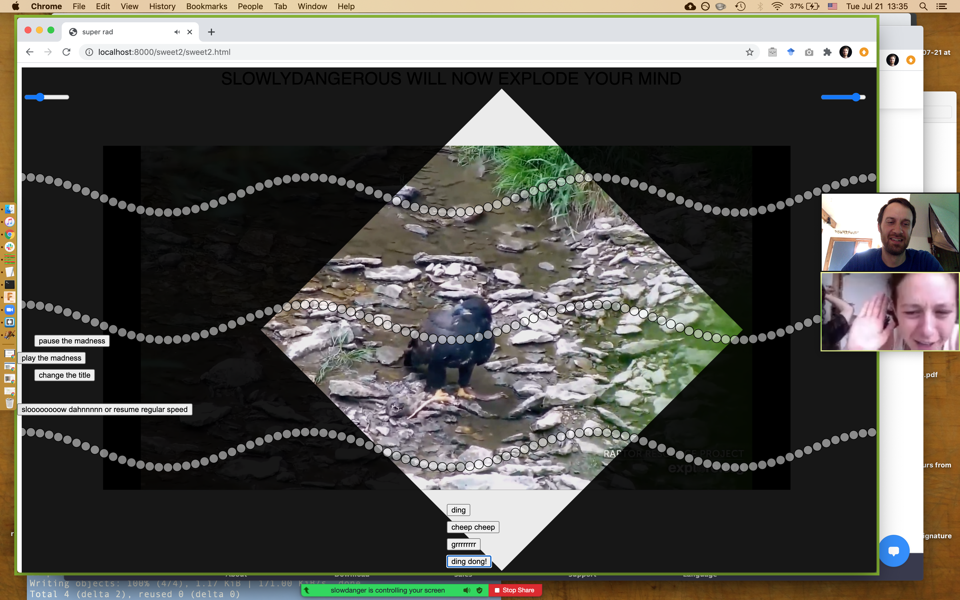 Experimenting with remotely-sourced video with overlays (a pigeon in this case)